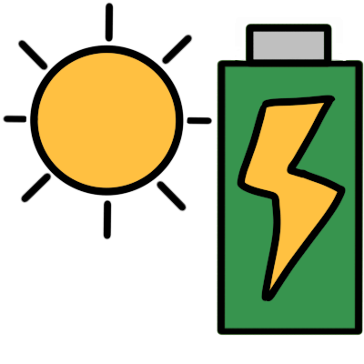 A yellow sun next to a green battery that has a yellow 'power' lightning bolt on it.